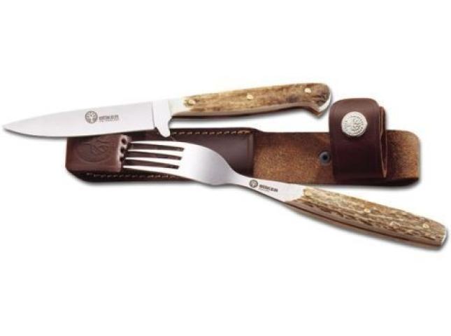 Böker Arbolito Salida deer horn cutlery set with leather knife case